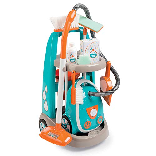 Smoby-Carrito de limpieza con aspirador y accesorios 330309, color azul y naranja , color/modelo surtido
