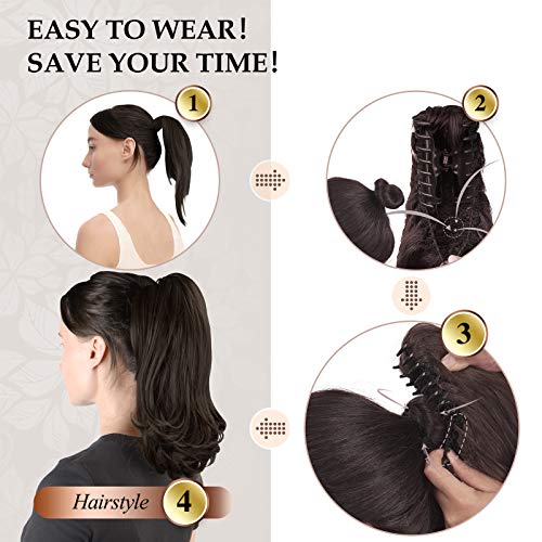 Sofeiyan Extensión de cola de 33cm con pinza de cola de caballo rizada en garra extensión de cabello postizo sintético de aspecto natural para mujeres, Marrón más oscuro y castaño claro mezclado