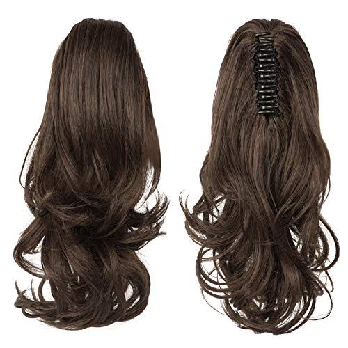 Sofeiyan Extensión de cola de 33cm con pinza de cola de caballo rizada en garra extensión de cabello postizo sintético de aspecto natural para mujeres, Marrón más oscuro y castaño claro mezclado