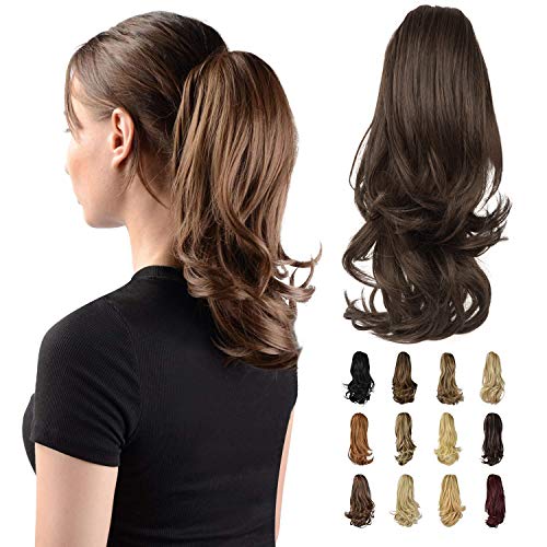 Sofeiyan Extensión de cola de 33cm con pinza de cola de caballo rizada en garra extensión de cabello postizo sintético de aspecto natural para mujeres, Marrón más oscuro y castaño claro mezclado