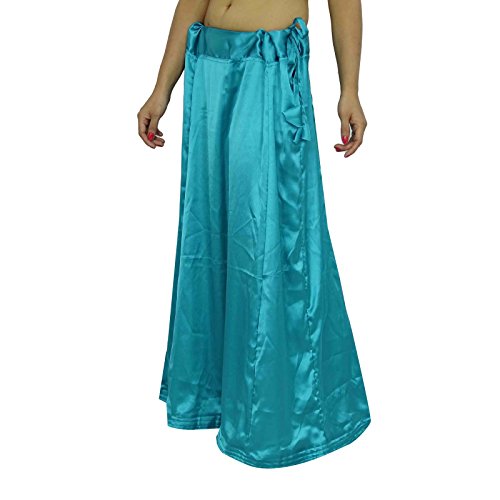 Sólido Azul Sari enaguas india de Bollywood satén de seda de la guarnición Para Sari