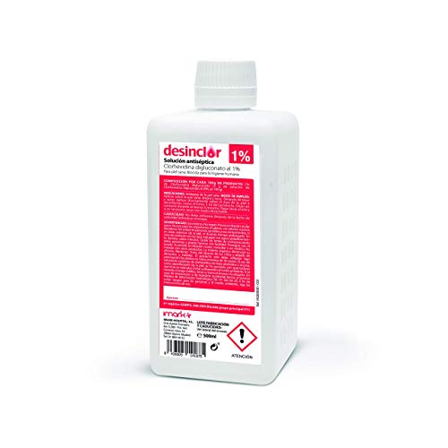 Solución Acuosa Coloreada Clorhexidina 1%, Limpieza de Manos, Desinfección Cuerpo, Piel Sana - 500 ml