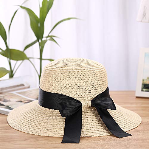 Sombrero de Paja de Verano para Mujer, Gorra de Playa Visera Plegable Sombreros de ala Ancha con Correa, Sombrero de Sol con Lazo (Beige)