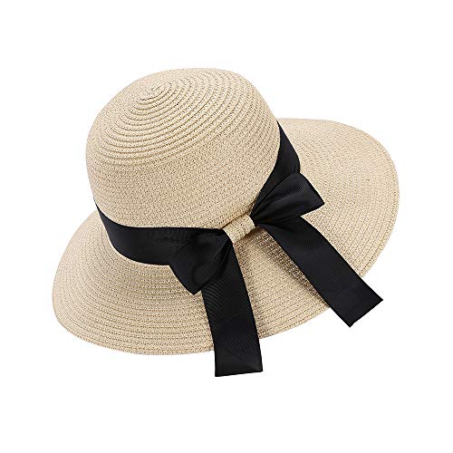 Sombrero de Paja de Verano para Mujer, Gorra de Playa Visera Plegable Sombreros de ala Ancha con Correa, Sombrero de Sol con Lazo (Beige)