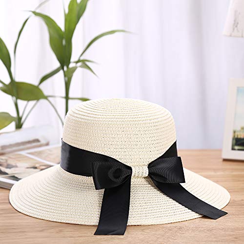 Sombrero de Paja de Verano para Mujer, Gorra de Playa Visera Plegable Sombreros de ala Ancha con Correa, Sombrero de Sol con Lazo (Blanco)