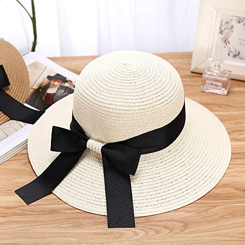 Sombrero de Paja de Verano para Mujer, Gorra de Playa Visera Plegable Sombreros de ala Ancha con Correa, Sombrero de Sol con Lazo (Blanco)