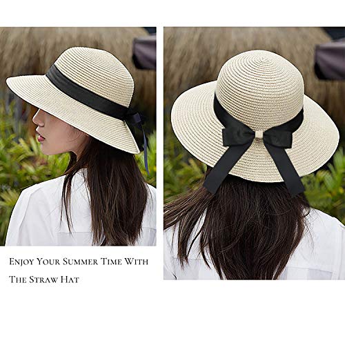 Sombrero de Paja para Mujer Plegable Bohemia Verano Sun Floppy Sombrero de la Playa con Nudo de Proa del Borde Transpirable Grande Ancho Cap para Viajes Vacaciones