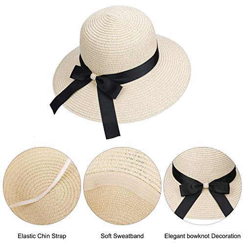 Sombrero de Paja para Mujer Plegable Bohemia Verano Sun Floppy Sombrero de la Playa con Nudo de Proa del Borde Transpirable Grande Ancho Cap para Viajes Vacaciones
