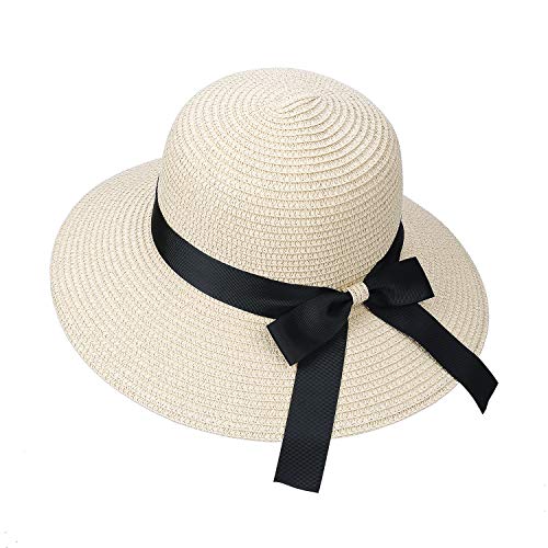 Sombrero de Paja para Mujer Plegable Bohemia Verano Sun Floppy Sombrero de la Playa con Nudo de Proa del Borde Transpirable Grande Ancho Cap para Viajes Vacaciones