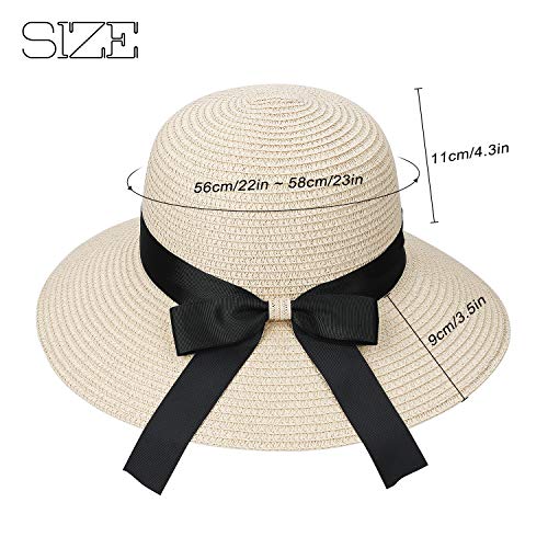 Sombrero de Paja para Mujer Plegable Bohemia Verano Sun Floppy Sombrero de la Playa con Nudo de Proa del Borde Transpirable Grande Ancho Cap para Viajes Vacaciones