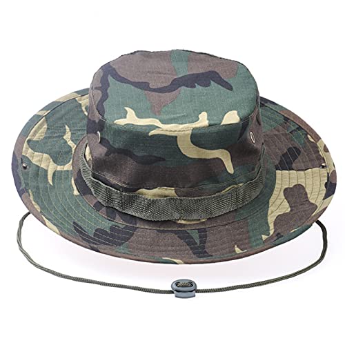 Sombrero de Pesca,Boonie Hat Sombrero de Verano con Correa de Barbilla Ajustable para Exteriores,Senderismo,Camping,Viajes Verde Camuflaje