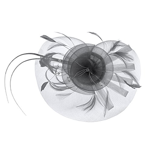 Sombrero vintage para mujer, con visillo elegante, diadema de pelo con pluma, pinza para compromiso, boda, fiesta, ceremonia, San Valentín, etc, B Style-Gris, Talla única