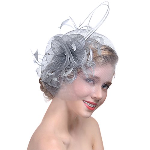 Sombrero vintage para mujer, con visillo elegante, diadema de pelo con pluma, pinza para compromiso, boda, fiesta, ceremonia, San Valentín, etc, B Style-Gris, Talla única