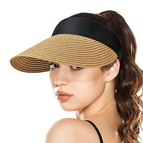 Sombreros con Visera para el Sol para Mujer, Sombrero de Paja Enrollable con Cola de Caballo de ala Ancha, Sombrero de Playa de Verano, UV UPF, Plegable, Plegable, de Viaje