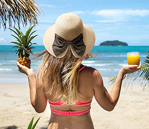 Sombreros de Paja para Mujer, Verano Sun Floppy de Playa Plegable con Lazo de Decoración, Gorro Vacaciones al Aire Libre Protección Anti-UV