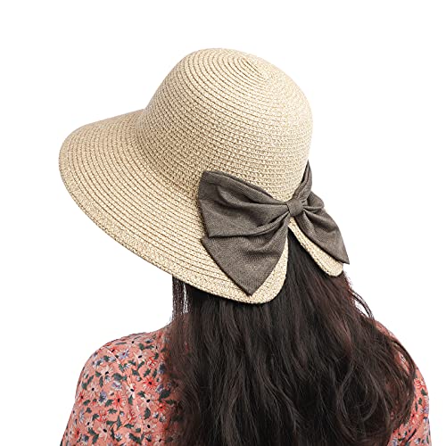 Sombreros de Paja para Mujer, Verano Sun Floppy de Playa Plegable con Lazo de Decoración, Gorro Vacaciones al Aire Libre Protección Anti-UV
