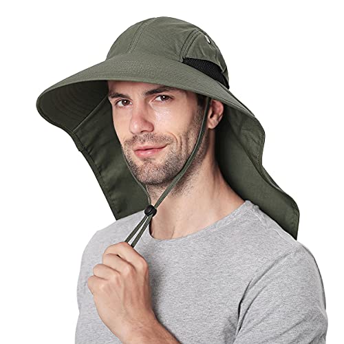 Sombreros para el Sol Hombre, Gorra Transpirable ala Ancha protección UV Protege Cuello Cara, Sombrero Jardin Hombre Adecuado para Trekking (Ejercito Verde)