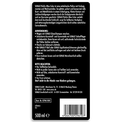 SONAX Polish+Wax Color NanoPro Negro (500 ml) pulimento de fuerza media con pigmentos de color y componentes de cera | N.° 02961000-544