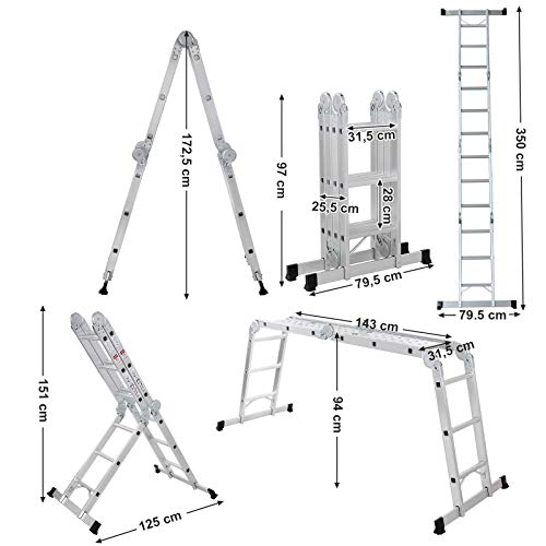 SONGMICS Escalera de Aluminio Multifuncional de 3,5 m, con 2 Placas Metálicas, Escalera Plegable, Carga de 150 kg, Cumple la Norma EN 131, Probada por SGS, Plata GLT36M