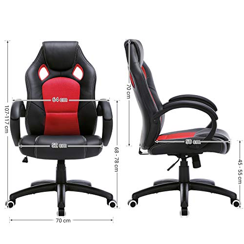 SONGMICS OBG56BR Racing - Silla de Escritorio de Oficina Ergonómica Regulable con Ruedas, color Rojo