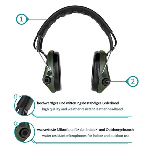 Sordin Supreme PRO X SOR75302-X/L - Protector auditivo activo (25 dB, protector auditivo electrónico, correa de piel, copas verdes)