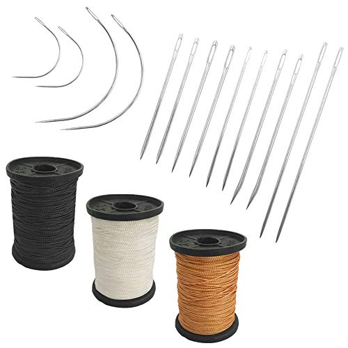 SourceTon - Juego de 17 agujas de mano resistentes y hilo de tapicería extrafuerte, 7 estilos de agujas de coser de lona de cuero y 3 colores de hilo de nailon (50 yardas)
