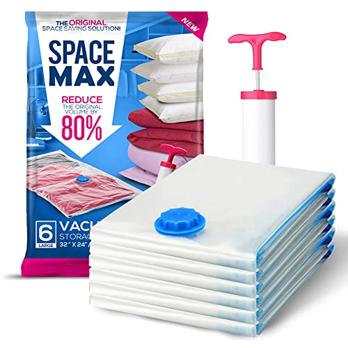 SPACE MAX Bolsas de Almacenamiento al vacío (80% más compresión Que Las Bolsas de la Competencia). Bomba de Mano de Viaje incluida. (Large 6 Pack)
