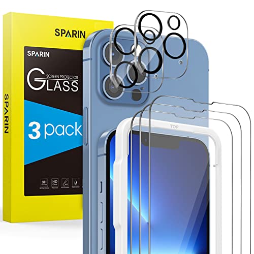 SPARIN 3 Pack Protector de Pantalla Compatible con iPhone 13 Pro 6,1 Pulgadas con 2 Pack Protector de Lente de Cámara, Cristal Templado con Marco de Alineación, Protección de la Cámara
