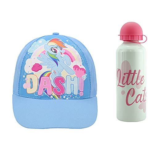 SRV Hub® Juego de 2 tapones de béisbol My Little Pony y botella de agua de aluminio de 500 ml, duradera y reutilizable, regalo deportivo y escolar para niñas de 3 años (blanco y azul)