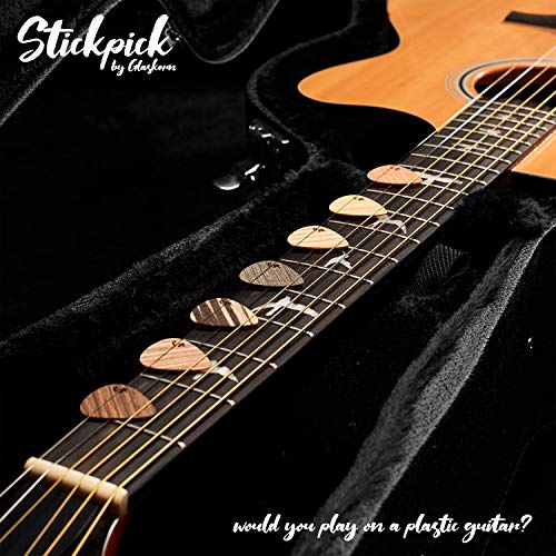 Stickpick - Juego de 7 púas de guitarra flexibles de madera auténtica, para guitarras eléctricas, acústicas y bajos en diferentes grosores, en caja de aluminio de alta calidad, Made in Germany
