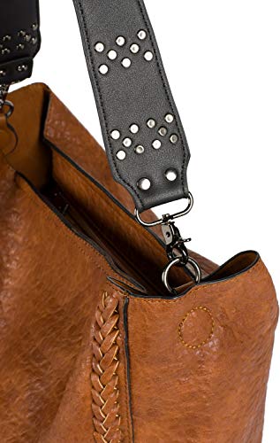 styleBREAKER Bolso de señora 2 en 1 con cinturón tachonado, aspecto vintage de polipiel en relieve, bolso de bolsillo interior 02012356, color:Coñac