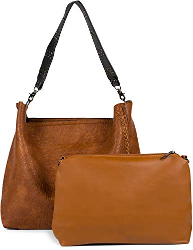 styleBREAKER Bolso de señora 2 en 1 con cinturón tachonado, aspecto vintage de polipiel en relieve, bolso de bolsillo interior 02012356, color:Coñac