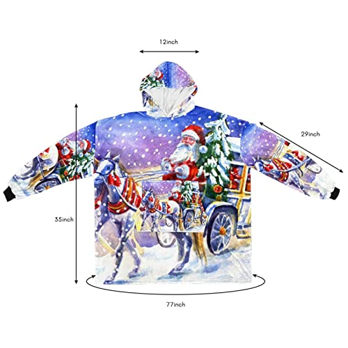 Sudadera con capucha de franela Sherpa de gran tamaño con bolsillo frontal grande, para adultos, hombres y mujeres, Papá Noel en un carro con caballo