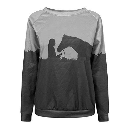 Sudadera de cuello redondo con impresión de caballo para mujer, sudadera, de algodón de manga larga deportiva, casual, 2021 gris M