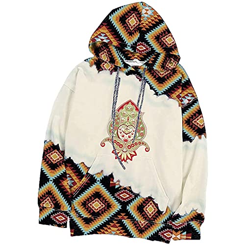 Sudadera de manga larga con cordón con estampado de caballo geométrico azteca para mujer, cuello de tortuga, estilo étnico, bolsillo, Amarillo1, S