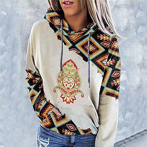 Sudadera de manga larga con cordón con estampado de caballo geométrico azteca para mujer, cuello de tortuga, estilo étnico, bolsillo, Amarillo1, S