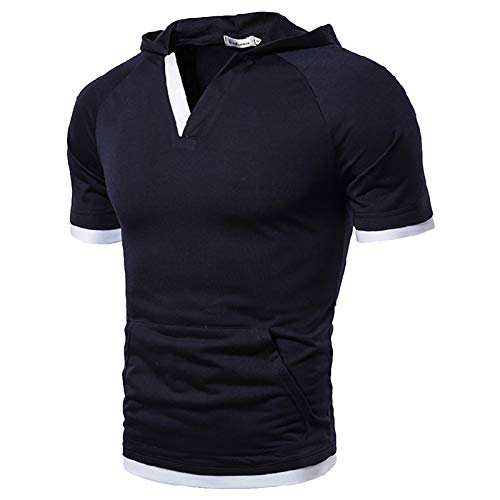 Sudaderas con capucha para hombre de manga corta camisetas deportivas y fitness Tops con cuello en V con capucha y bolsillo canguro