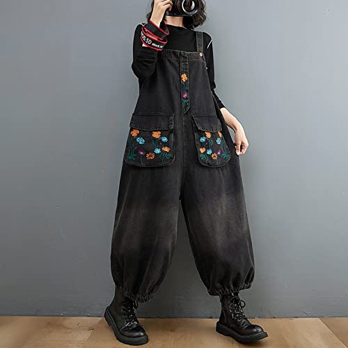 Suelto más tamaño denim emisiones mujeres otoño impresión floral pantalones vaqueros monovolores bloomers piedras correas pantalones holgados (Color : Black, Size : Medium)