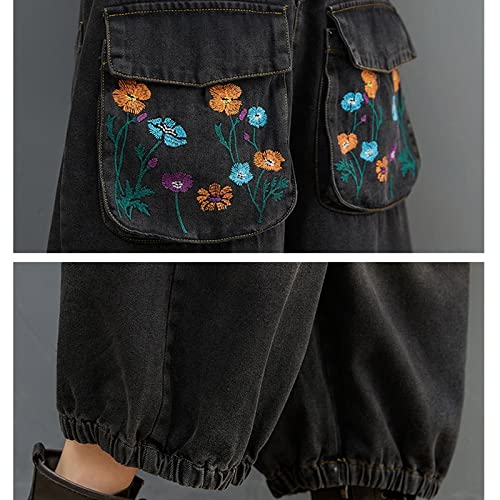 Suelto más tamaño denim emisiones mujeres otoño impresión floral pantalones vaqueros monovolores bloomers piedras correas pantalones holgados (Color : Black, Size : Medium)
