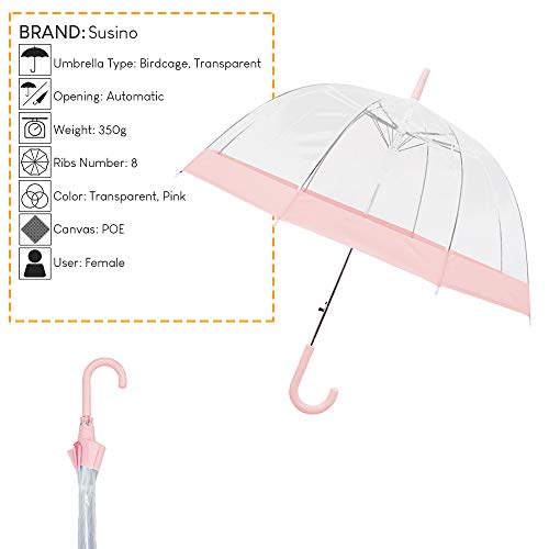 Susino Parapluie Droit ouverture automatique - Transparent Avec Bordure Rose Pastel Paraguas clásico 90 Centimeters Rosa (Rose)