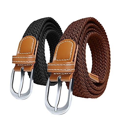 SWAUSWAUK 2 Piezas Cinturón Elástico para Mujer - Cinturón Elástico Fino y Cómodo para Damas Cinturón Ancho 2,5 cm Elástico Trenzado para Jeans Pantalones Cortos Falda Vestido(Negro, Marrón)
