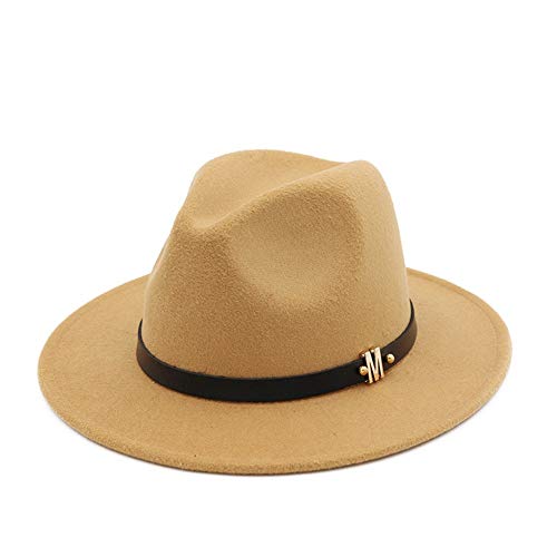 S*women's hat Sombra Modern Jazz Sombrero de Fedora del Sombrero de Fieltro Derby de algodón con la Letra decoración Plana de ala del Sombrero Panamá Gambler Elegante (Color : Khaki, Size : 56-58cm)