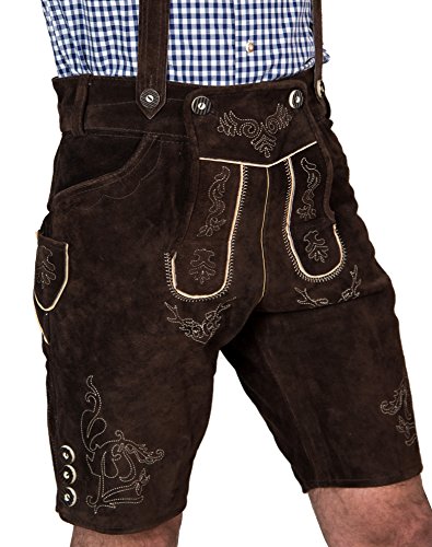 SYMPHONIE WESTERWALD Pantalón de Cuero Corto Tradicional bávaro de Hombre, pantalón de Cuero Tradicional con Tirantes, Original en marrón Oscuro, Oktoberfest, Talla 50