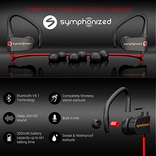 Symphonized PWR Bluetooth Auriculares Deportivos inalámbricos Resistentes al Agua con micrófono Auriculares intrauditivos Stereo HD Stereo Secure Fit Buds Gimnasio, Correr, Entrenamiento (Rojo)