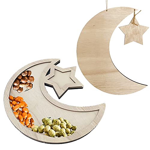 TABANA Ramadan Moon Star Bandeja, de madera para servir alimentos de media luna vajilla de postre bandeja rústica de postre para decoración de fiesta musulmana Eid Ramadan Party Islam para el hogar