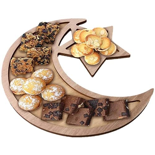 TABANA Ramadan Moon Star Bandeja, de madera para servir alimentos de media luna vajilla de postre bandeja rústica de postre para decoración de fiesta musulmana Eid Ramadan Party Islam para el hogar
