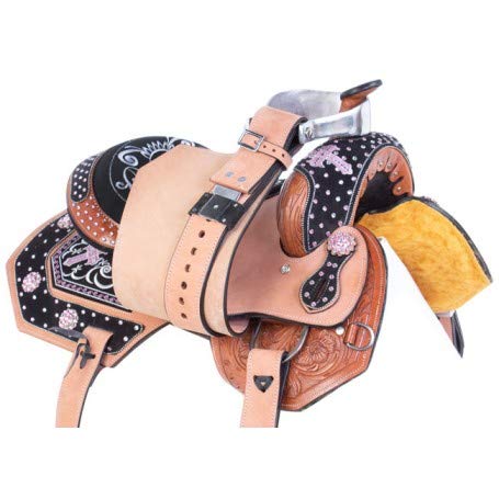 Taca de cuero para caballo de carreras de barril Western Barrel con a juego, cabezal, cuello de pecho, riendas (tamaño 35,5 a 45,7 cm)