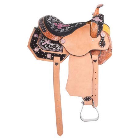 Taca de cuero para caballo de carreras de barril Western Barrel con a juego, cabezal, cuello de pecho, riendas (tamaño 35,5 a 45,7 cm)