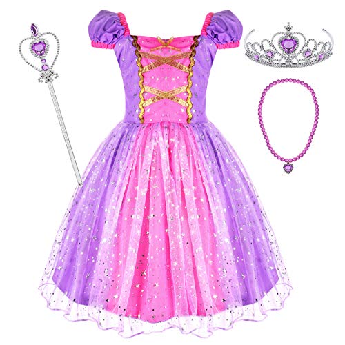 Tacobear Princesa Disfraz Niña Princesa Vestido con Collar Varita Mágica Corona Halloween Cosplay Carnaval Princesa Disfraces para Niña 2 3 4 5 6 Años(2-3 Años)