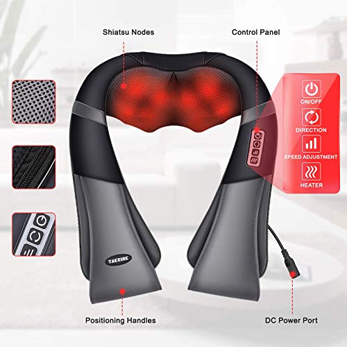 TAKRINK Masajeador Shiatsu 16 Cabezales de Masaje Integrados Masajeador de Hombros Cuello 3 Niveles de Velocidad Dirección Ajustable Relajación con Calor en Oficina Casa o Coche